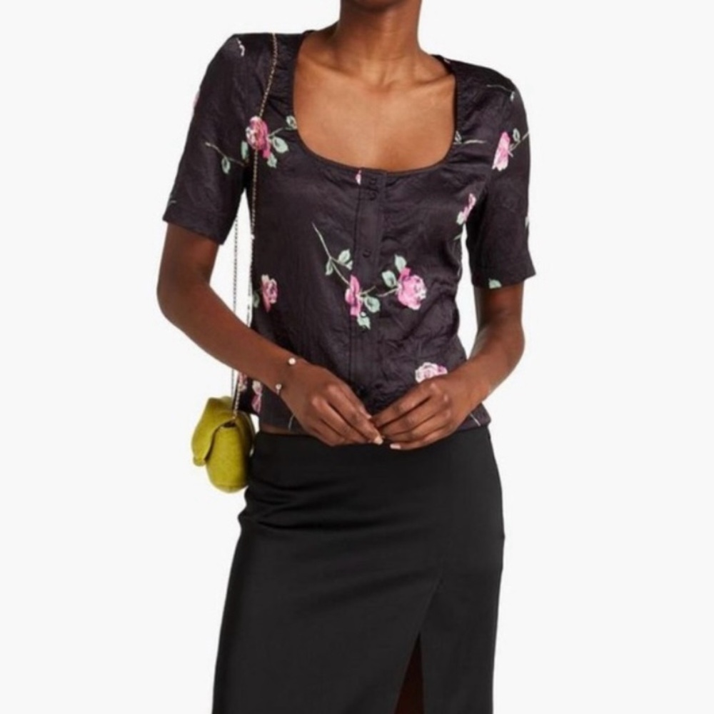 Ganni black crinkle floral top 32
